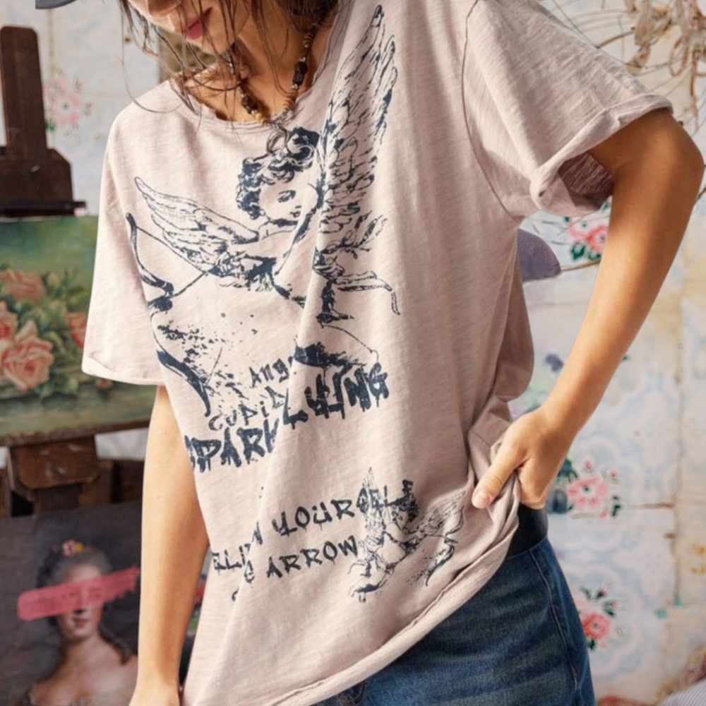 Boutique graphic angel cotton boho T-Shirt top blouse limited edition XL